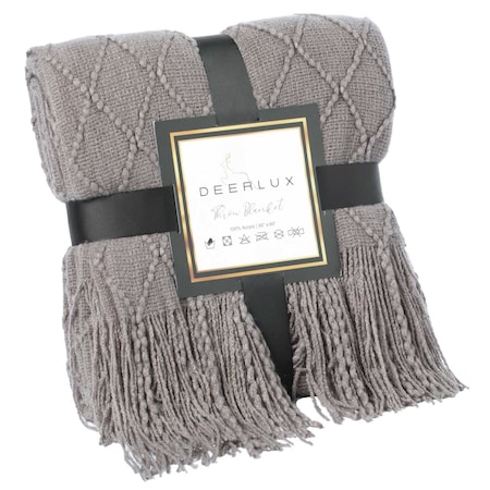 Deerlux Decorative Diamond Pattern Knit Throw Blanket with Fringe, Gray QI003966.GY